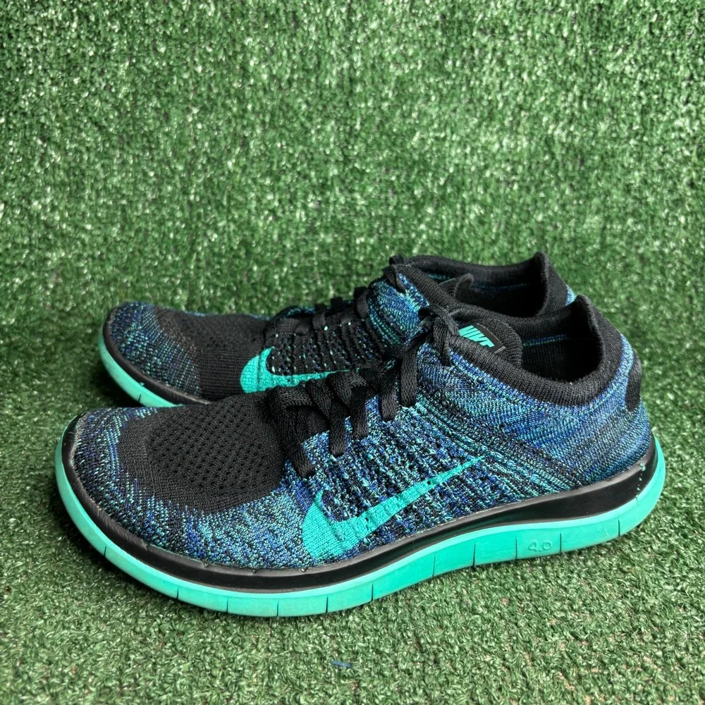 Nike Free 4.0 Flyknit Running Sneaker Black Game Royal Atomic Teal Womens Sz 7.5